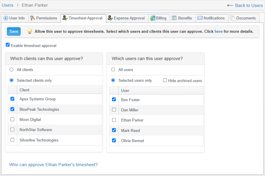 Timogix timesheet approval permission setup using fictional users and clients
